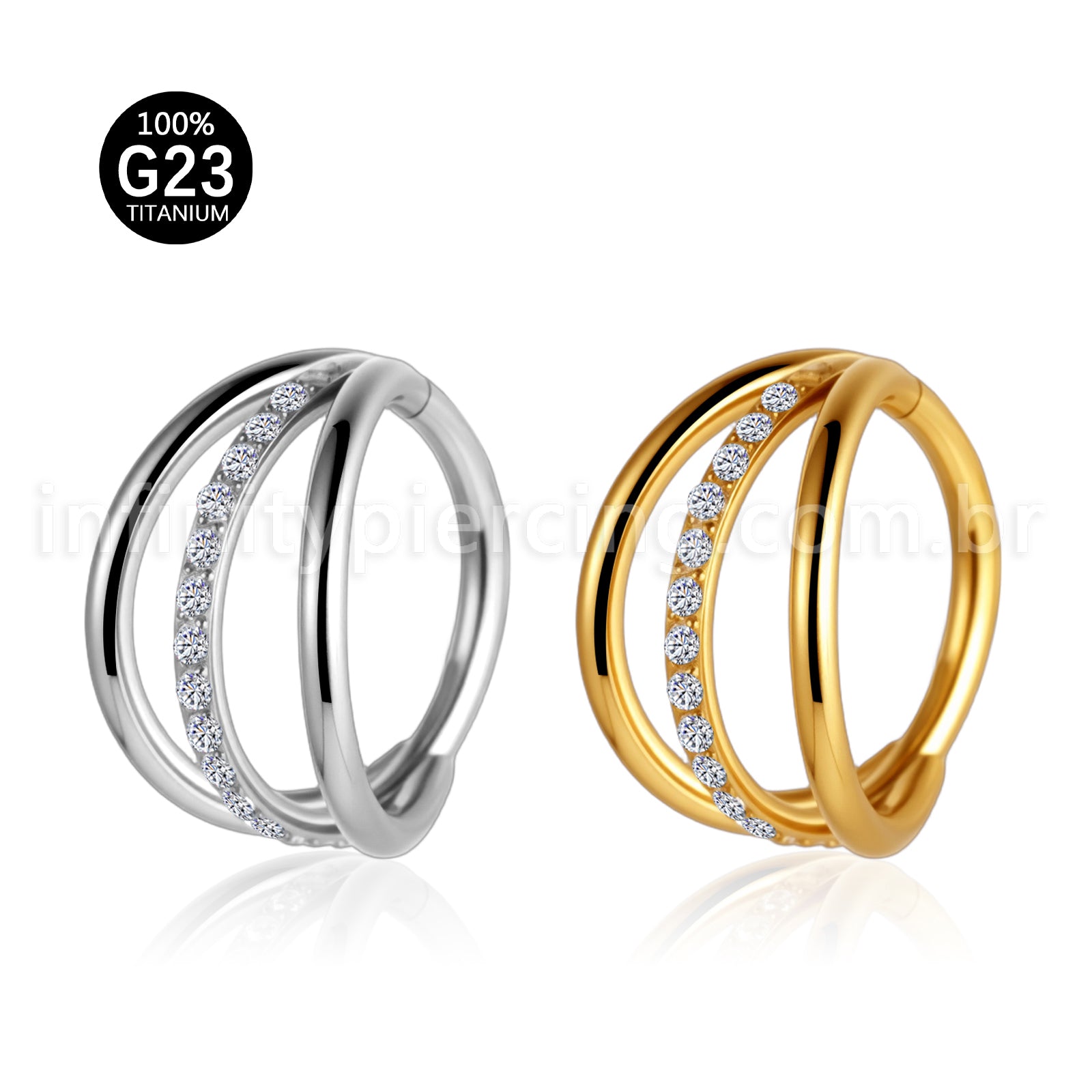 Piercing Argola Três Fileira Titânio Segmento Articulado 1 Fileira Zircônia Cravejada